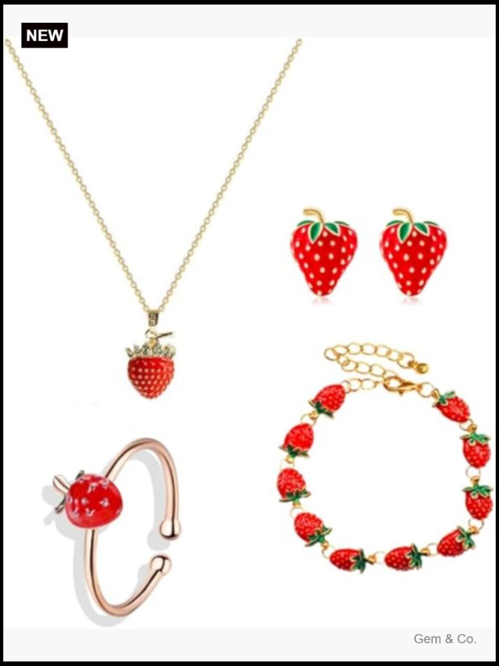 Strawberry Jewelry Set - Necklace Earrings Bracelet Ring 4-Piece